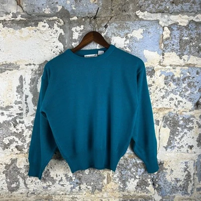 Suéter tejido Jason Maxwell vintage azul verdoso cuello redondo colorido acento de puntos Foto 1 de 4