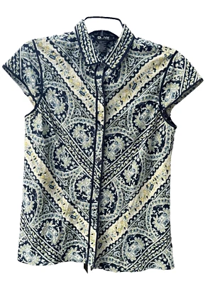 Top DKNY Mujer Vintage Seda Abotonada Talla 10 Azul Beige Manga Gorra Foto 1 de 4