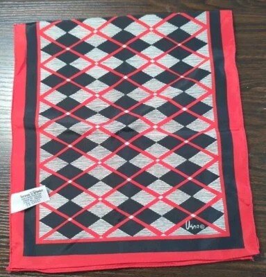 Vera Neuman 围巾 长方形 Argyle,黑色/红色/白色,复古 50 年代,聚酯纤维,日本  — 第 1/4 张图片