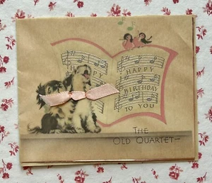 Tarjeta de felicitación de cuarteto de cumpleaños de colección de la década de 1930 para perros y pájaros - Imagen 1 de 5