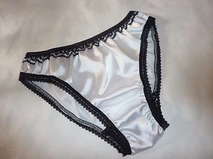 SILVER shiny SATIN panties low rise BIKINI BRIEFS black lace Made France - Picture 1 of 1