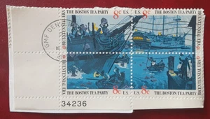 US 1973 8c Boston Party Plate Block On Piece DENVER GMF Postmark VF/XF 3971-1 - Picture 1 of 2
