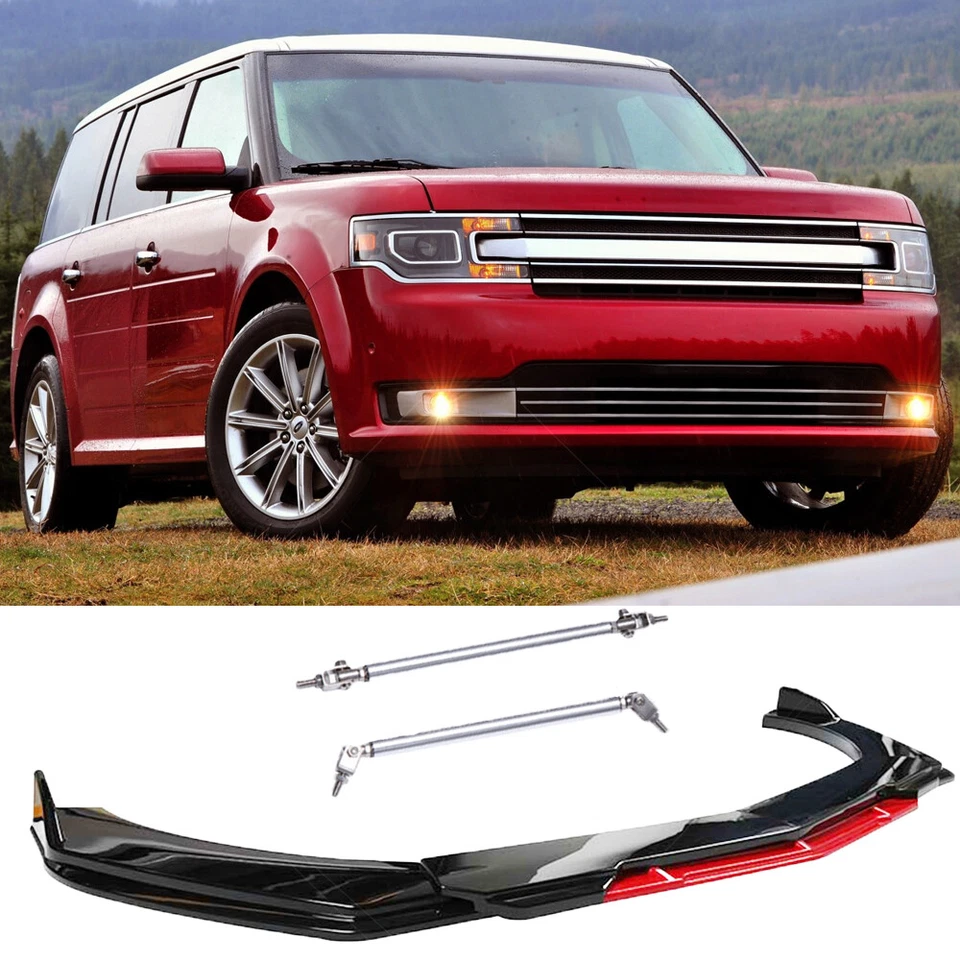 Lábio divisor de para-choque dianteiro de carro vermelho e preto + hastes de apoio de suspensão para Ford Flex 2009-2019 - Imagem 1 de 4