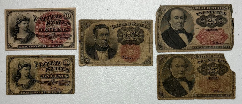 5 U.S. Fractional Currency Notes – 10¢ & 25¢ Civil War Era 1863–1874 Lot - Image 1 of 4