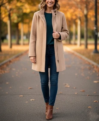 Abrigo urbano de lana J Crew BU261 para mujer manga larga cremallera botón cuello tostado 6 Foto 1 de 4