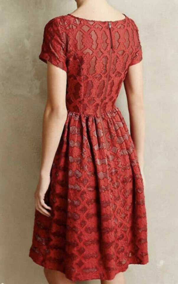 HOLIDAY CHRISTMAS Moulinette Soeurs Anthropologie Ruby Red Lace A Line Dress 4 - Image 1 of 4