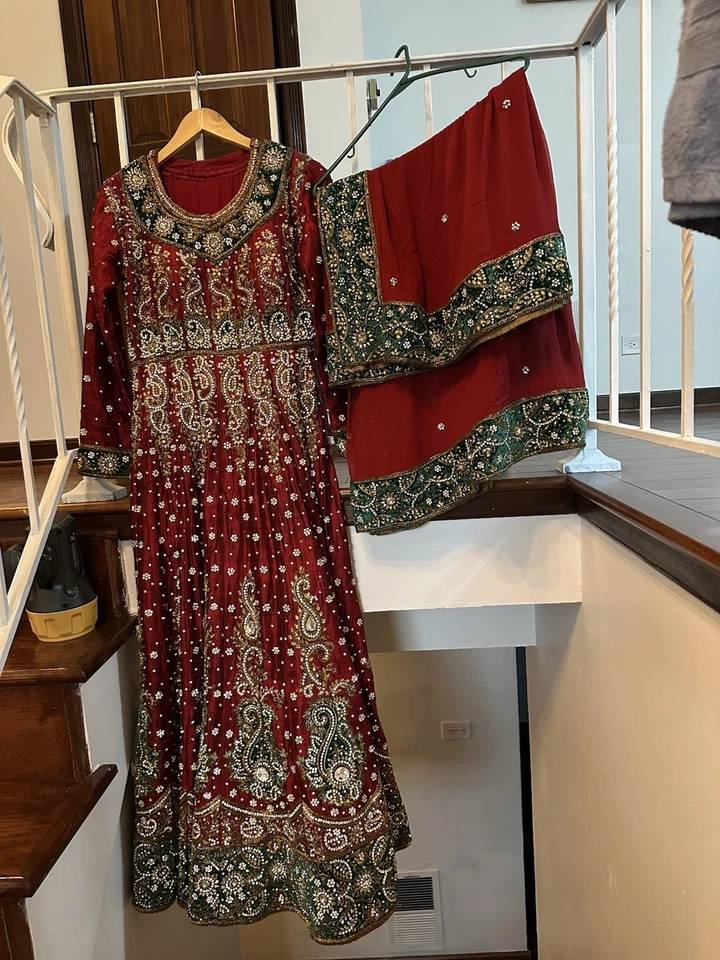 Red Raw Silk With Zardozi Work With Red/Green Border Dupatta And Plant - Image 1 of 4