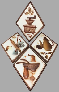 4 Kitschy Lefton Diamond Ceramic Plaques Kitchen Coffee Cooking Wall Decor Vtg - Picture 1 of 15