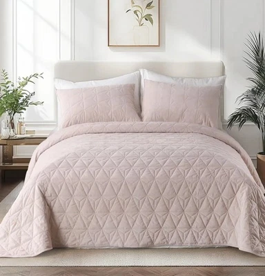 Juego de edredón de terciopelo Queen de gran tamaño 102" x 106" + 2 almohadas falsas 20" X 26" rosa rosa Foto 1 de 4