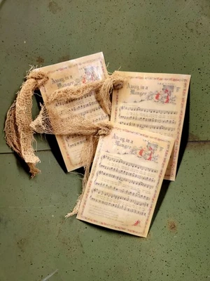 6 Primitive Christmas song sheet Gift Hangtags Handcut Handpunched & Sealed - Image 1 of 3