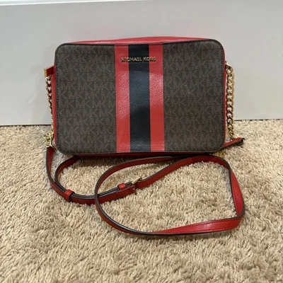 Michael Kors Bolso para Cámara Mujer Rojo Marrón Bandolera Cartera Cadena Dorada Borde Rayas Foto 1 de 4
