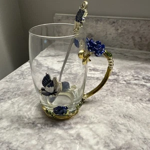 Luxury Classic Enamel Glass Mug & Spoon, Rose & Butterfly, New Original Box 4.9" - Picture 1 of 7