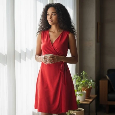 Nuevo J. Vestido midi Crew Factory rojo sin mangas texturizado envolvente sintético para mujer talla M” Foto 1 de 4