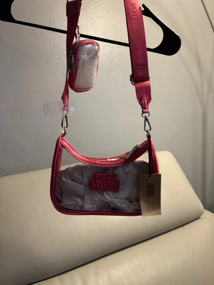 Steve Madden Clear Crossbody Shoulder Bag Hot Pink Trim, Logo Strap & Mini Pouch - Image 1 of 4