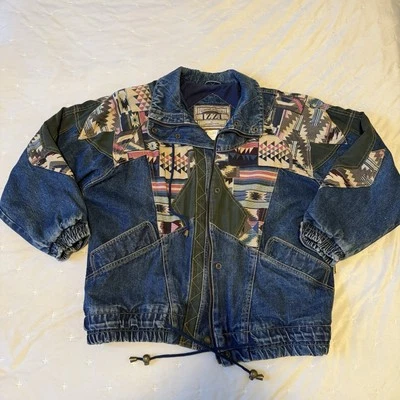 Chaqueta De Colección Años 90 IZZI Denim Southwest Azteca Patchwork Para Mujer Med 100% Algodón Foto 1 de 4