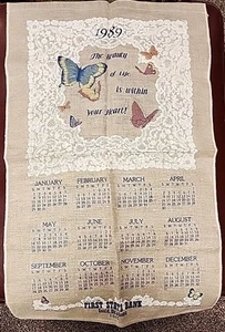 1989 Linen Calendar Tea Towel/Wall Hanging First State Bank Gould, OK Butterfly  - Picture 1 of 5