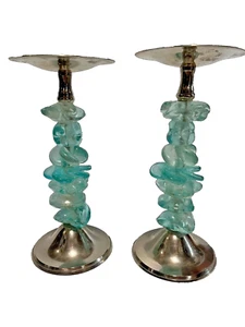 Mid-Century Modern Faux Seaglass Candle Holders Aqua Blue 9” - Picture 1 of 13