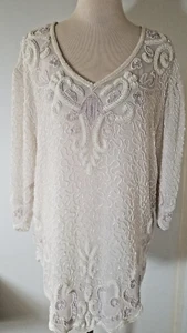 Vintage Beaded Top Ladies Sz XL White Sequins Seed Pearls V Neck Tunic 3282 - Picture 1 of 8