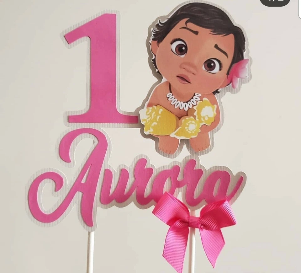 Bebé Moana Niña Personalizado Pastel Topper, Decoración Fiesta, Centro de Mesa Rosa Foto 1 de 1