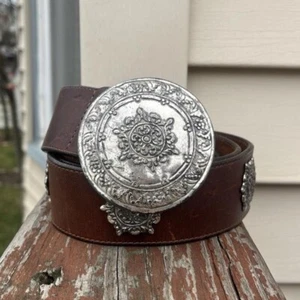 Vintage 90er Brighton Western Rodeo Boho Leder mit silberfarbenem Gürtel Gr. L Made USA - Bild 1 von 8