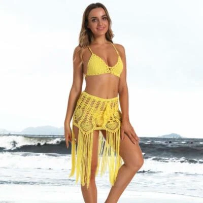 Hand Crochet Swimwear Beach 3 Piece Set Bikini Cross Strap Bohe Flower Skirt - Image 1 of 4