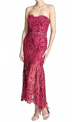 Neu Marchesa Notte Trägerlos Spitzenkleid Jeweled Kristalle Preiselbeere Rot Auf - Bild 1 von 4