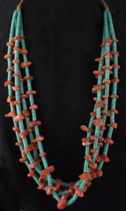 Kingman Turquoise Heishi & High Grade Natural Mediterranean Coral Chip Necklace - Picture 1 of 2