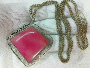 Vtg HUGE Rhodochrosite Stone Filigree Cutout Silver Pendant Chain Long Necklace - Picture 1 of 18