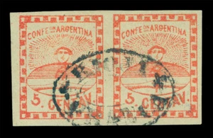 ARGENTINA 1858 Confederation 5c red Sc #1 used XF - PAIR "RIOJA FRANCA" cxl Rare - Picture 1 of 2