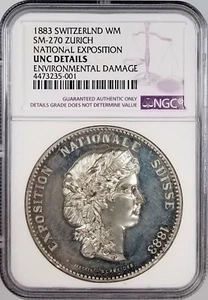 1883 Switzerland Nat'l Expo, WM Medal, SM-270,45mm, Zurich, NGC UNC Details!  - Picture 1 of 4