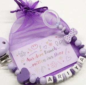 Schnullerkette mit Namen ♥ Herz ♥ Lila Flieder ♥ Nuckelkette mit Silikonring - Bild 1 von 1