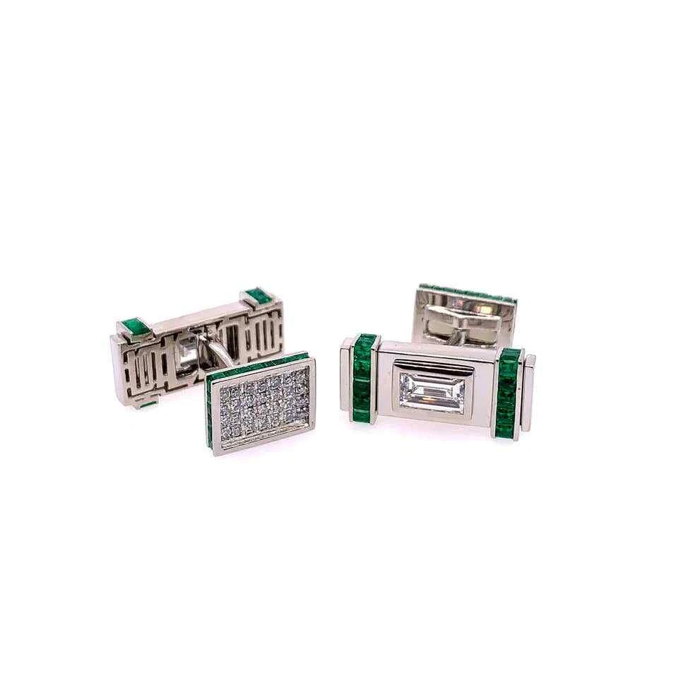 Feature Two Baguette Cut CZ With Green Emerald Fantastic Design Men's Cufflinks - Image 1 of 4