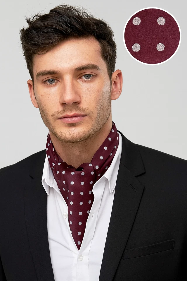 Bordeaux Rosso Raso Seta Uomo Argento a Pois Foulard Elegante Matrimonio Ascot - Immagine 1 di 2
