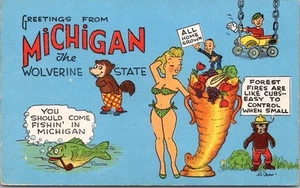 Postal de saludos cómic de Michigan de la década de 1940 "The Wolverine State" KROPP lino SC-2 - Imagen 1 de 2