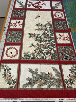 Chickadees & Berries Christmas Holiday Red Gold Cream Green Fabric Panel 23"X44" - Image 1 of 4