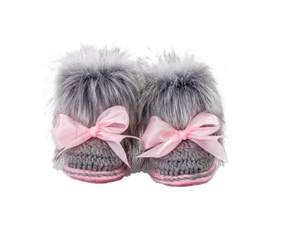 Baby girl Gray and pink faux fur booties, Newborn girl shoes, Crochet booties - Image 1 of 4