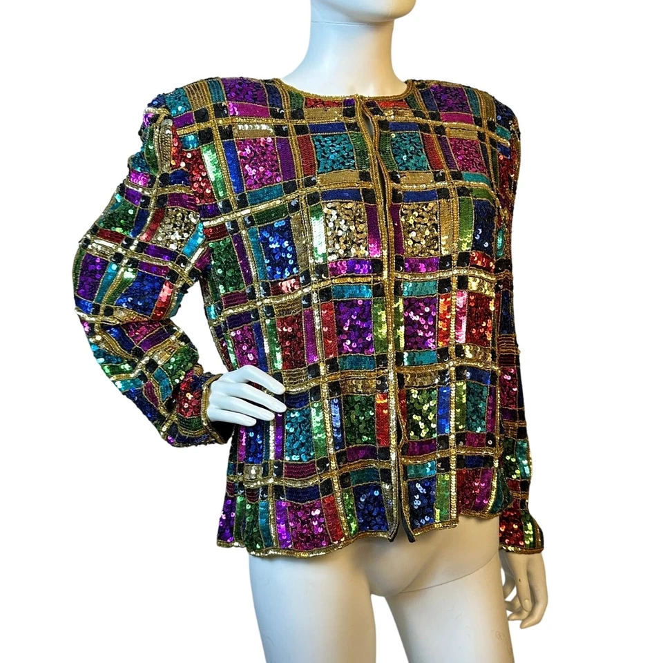 Chaqueta Cárdigan Vintage Tan-Chho Krishma Lentejuelas Colorido Seda Fiesta Noche KC Foto 1 de 4