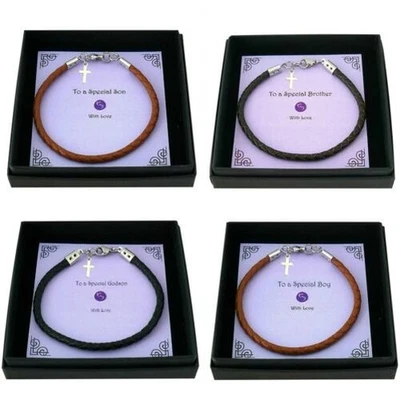 Jungen Armband mit Kreuz für Erste Kommunion, Baptism Oder Taufe IN Geschenkbox - Bild 1 von 4