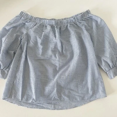 Charming Charlie Shirt Womens L Blue Seersucker Off The Shoulder Summer Light - Image 1 of 4