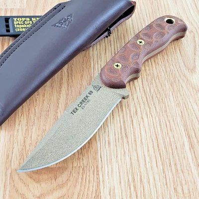 TOPS Tex Creek 69 Fixed Knife 4" 1095 Tool Steel Drop Point Blade Micarta Handle - Image 1 of 4