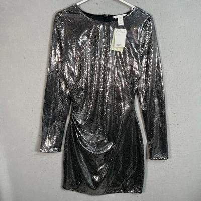 H&M Silver Sequin Long Sleeve Party Dress Womens Size Medium NEW! - Image 1 of 4