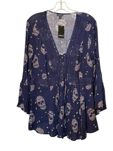 Torrid 0 Bauern Top dunkelblau Totenkopf Skelett Print Boho Freizeit Bluse Gr. L - Bild 1 von 8