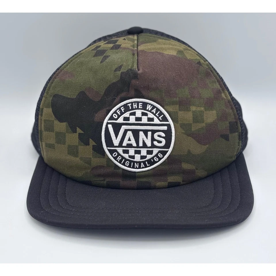 Vans Off The Wall Camo Checkerboard Trucker Hat Snapback Adjustable Black Mesh - Image 1 of 4