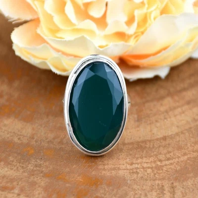 Faceted Green Onyx Ring 925 Sterling Silver Oval Shape Boho ring Gift for Her - Image 1 of 4