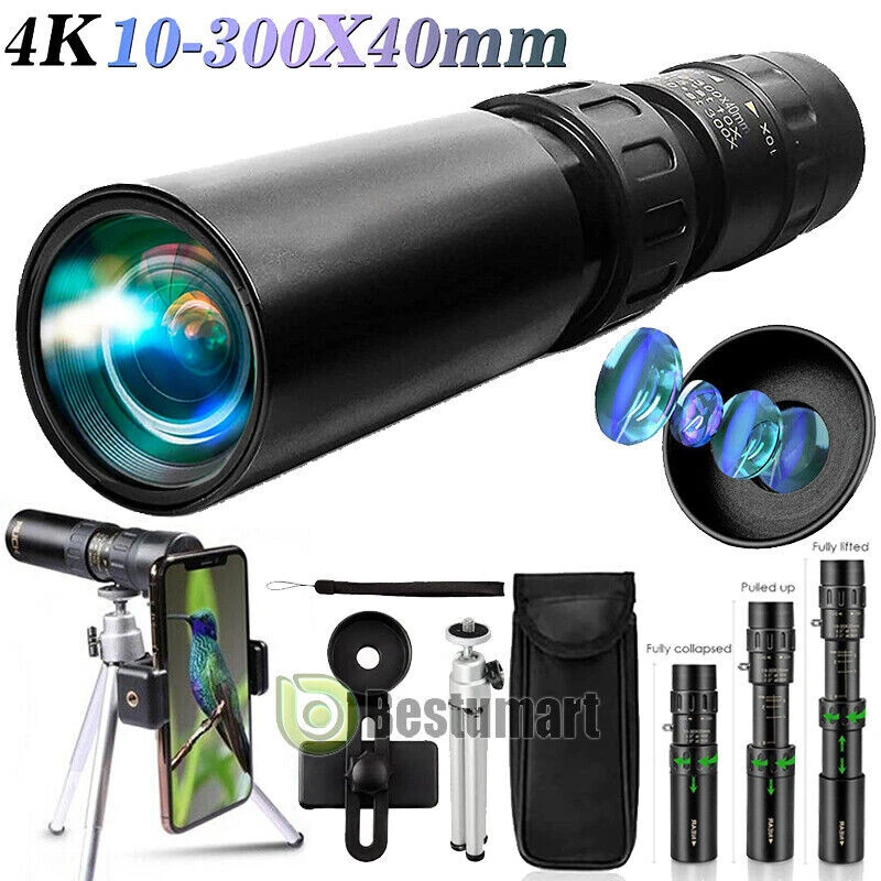 10-300X40 Zoom Day/Low Night HD Monocular Telescope Camera for Phone+Tripod+Clip - Image 1 of 4