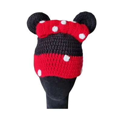 Minnie Mouse Crocheted Hat with Bow Polka Dot, Ears 16" Childs Beanie Cap EUC - Image 1 of 4