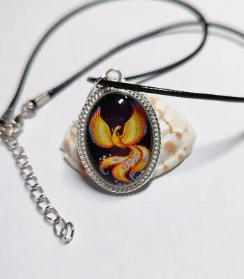  Amulett Halsband mit Anhänger Schwarz Talisman Schmuck Phönix Feuervogel  - Bild 1 von 2