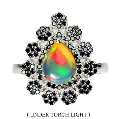 925 Anello Argento Sterling Pera Fuoco Opale 9x7mm Nero Spinello Gemma Gioielli - Immagine 1 di 4