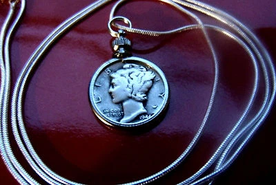 Beautiful Silver Mercury Dime Pendant on a 30" .925 Sterling Silver Snake Chain - Image 1 of 2