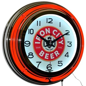 15" Iron City The Beer Drinker's Beer Double Neon Clock Man Cave Decor (Red) - Picture 1 of 6